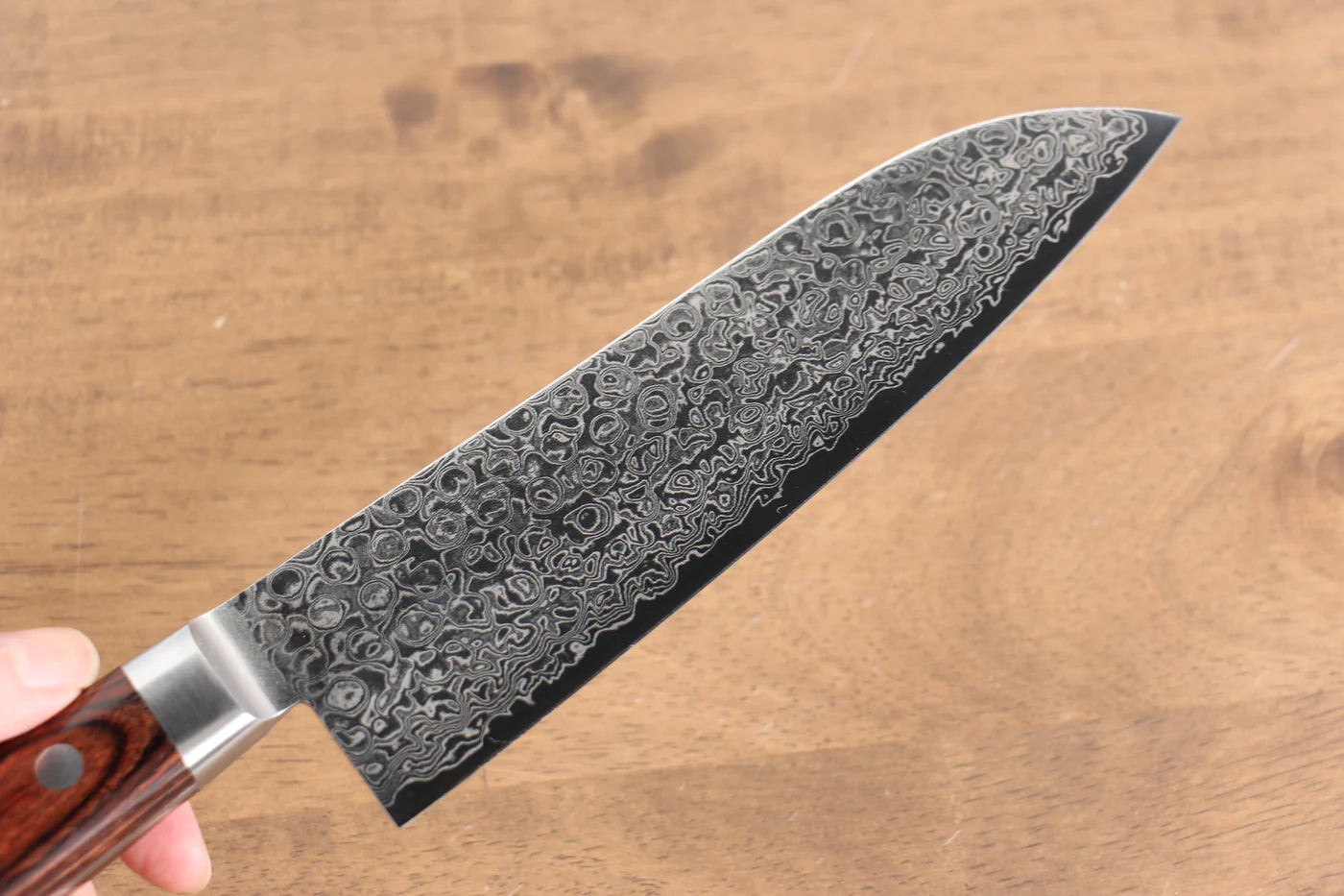 Seisuke Mokusei ZA-18 ขัดขึ้นเงากระจก ลายดามัสกัส มีด Santoku มีดทำครัวญี่ปุ่น 170mm ด้ามไม้ Pakka wood สีน้ำตาล