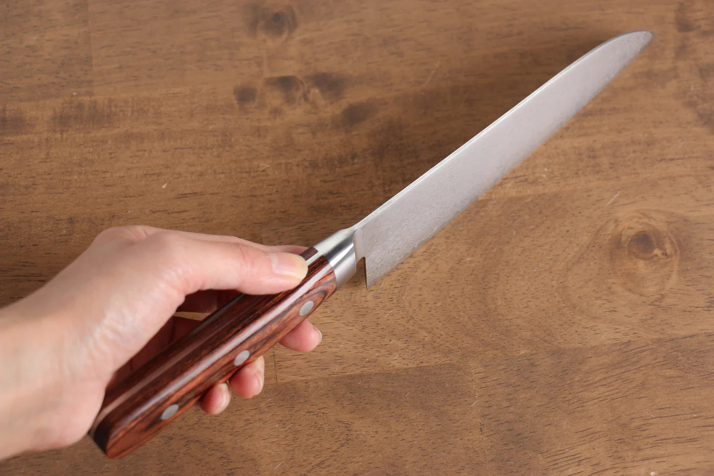 Seisuke Mokusei ZA-18 ขัดขึ้นเงากระจก ลายดามัสกัส มีด Santoku มีดทำครัวญี่ปุ่น 170mm ด้ามไม้ Pakka wood สีน้ำตาล