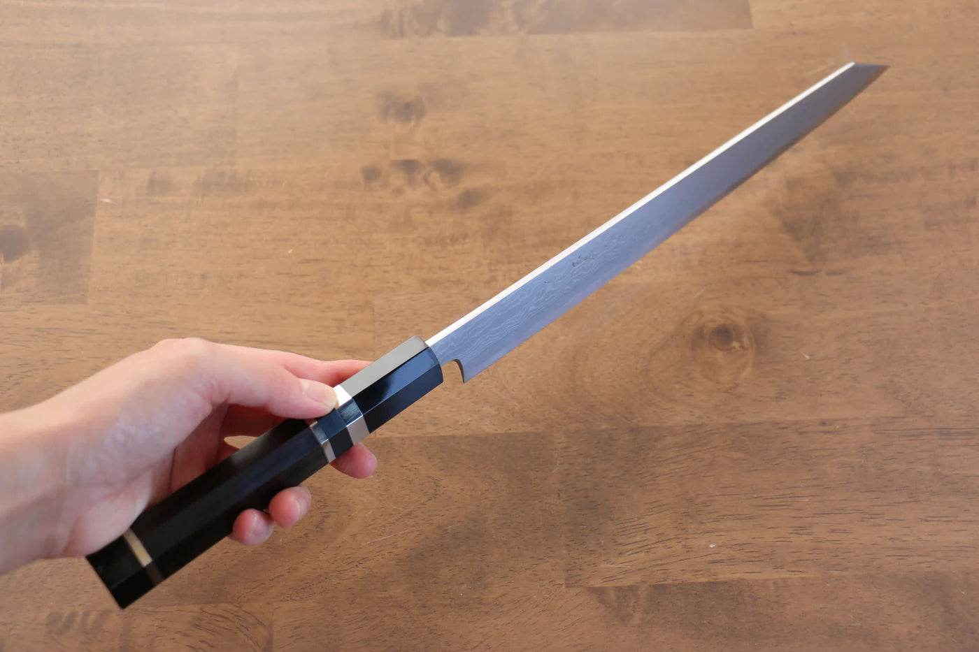 Jikko Blue Steel (บลูสตีล) ดามัสกัส มีด Kiritsuke Sujihiki มีดทำครัวญี่ปุ่น 270mm ด้ามไม้มะเกลือ (ประดับห่วงคู่)