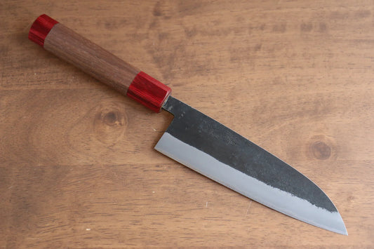 Seisuke Kurumi Blue Steel (บลูสตีล) Kurouchi มีด Santoku มีดทำครัวญี่ปุ่น 165mm ด้ามไม้วอลนัท(ประดับไม้ สีเเดง คู่)