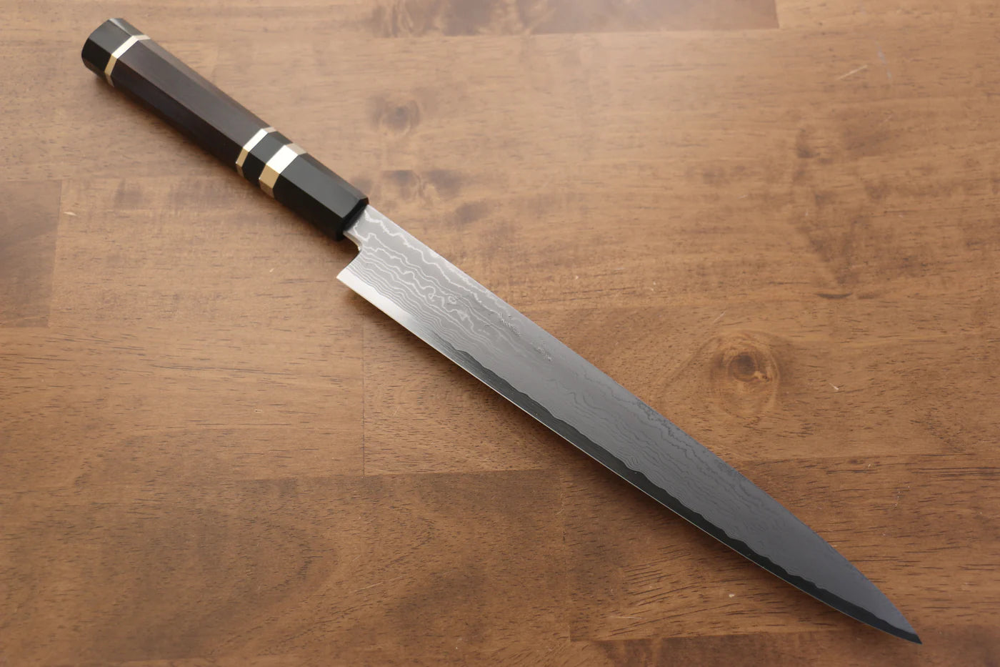 Jikko Blue Steel (บลูสตีล) ดามัสกัส มีดเลาะเอ็น Sujihiki มีดทำครัวญี่ปุ่น 270mm ด้ามไม้มะเกลือ (ประดับห่วงคู่)