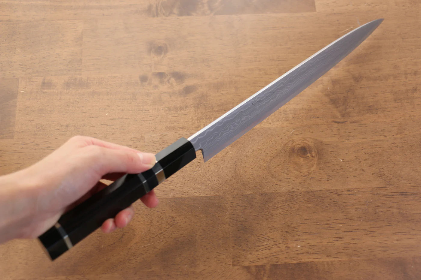 Jikko Blue Steel (บลูสตีล) ดามัสกัส มีดเลาะเอ็น Sujihiki มีดทำครัวญี่ปุ่น 270mm ด้ามไม้มะเกลือ (ประดับห่วงคู่)