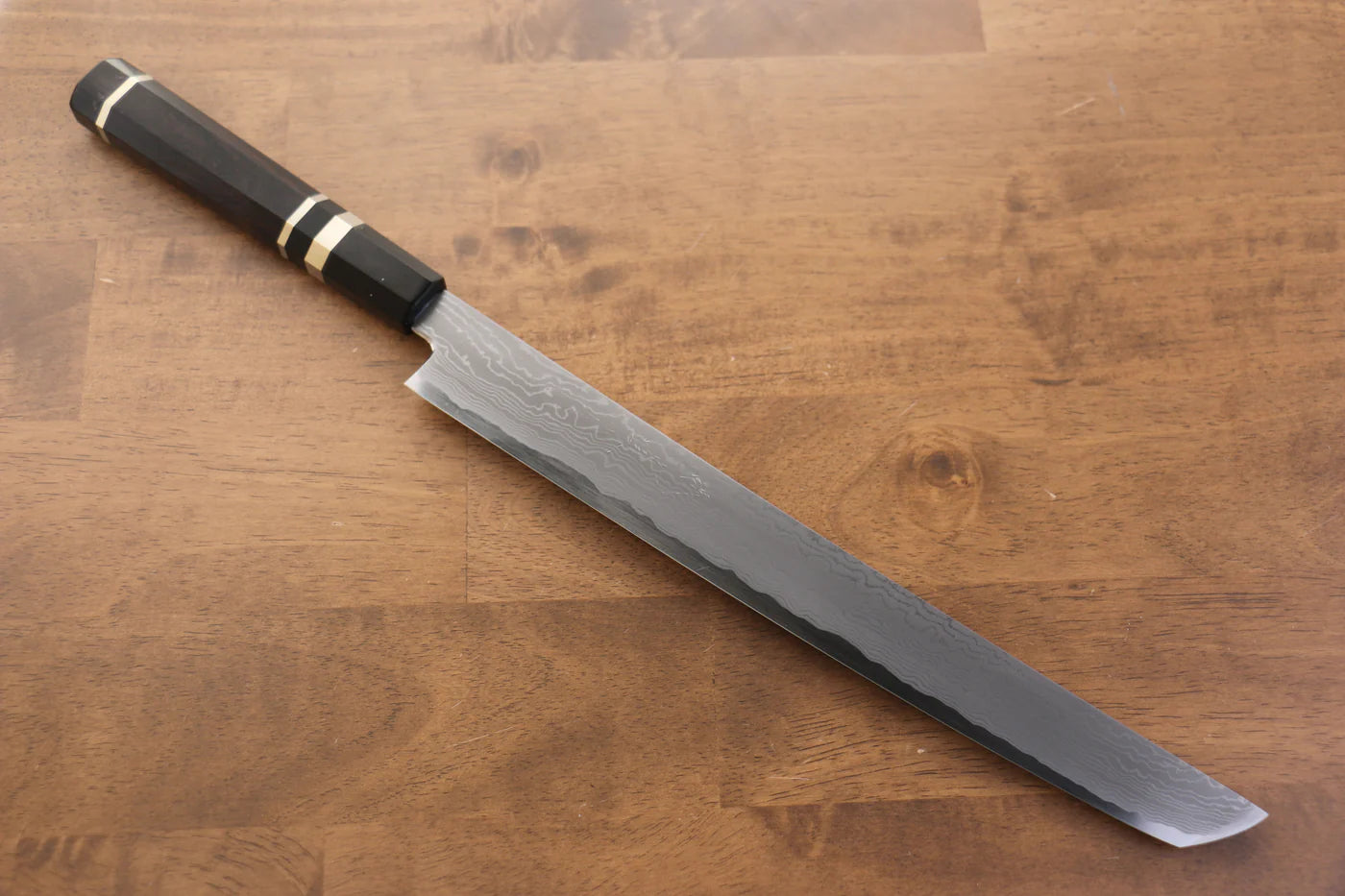 Jikko Blue Steel (บลูสตีล) ดามัสกัส มีดSakimaru Sujihiki มีดทำครัวญี่ปุ่น 300mm ด้ามไม้มะเกลือ (ประดับห่วงคู่)