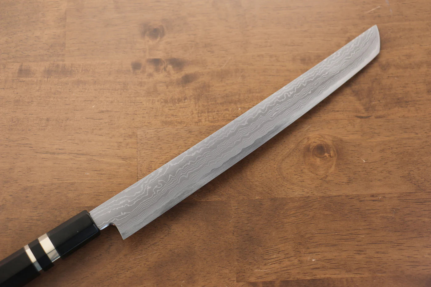 Jikko Blue Steel (บลูสตีล) ดามัสกัส มีดSakimaru Sujihiki มีดทำครัวญี่ปุ่น 300mm ด้ามไม้มะเกลือ (ประดับห่วงคู่)