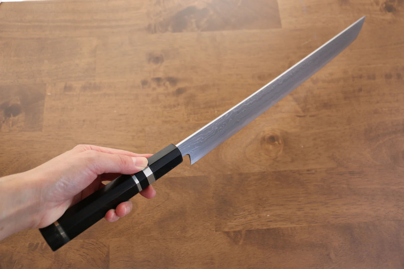 Jikko Blue Steel (บลูสตีล) ดามัสกัส มีดSakimaru Sujihiki มีดทำครัวญี่ปุ่น 300mm ด้ามไม้มะเกลือ (ประดับห่วงคู่)