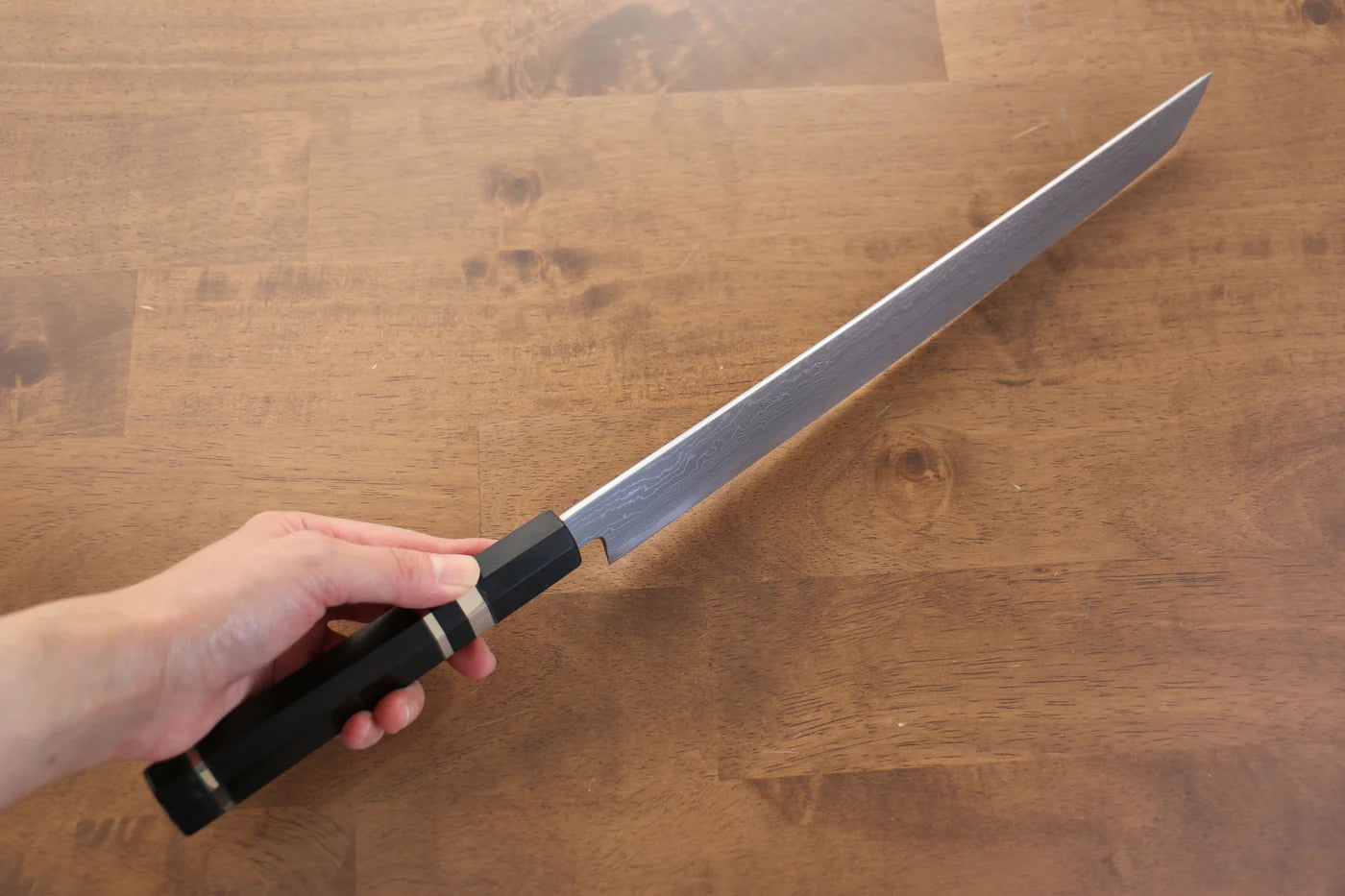 Jikko Blue Steel (บลูสตีล) ดามัสกัส มีดSakimaru Sujihiki มีดทำครัวญี่ปุ่น 300mm ด้ามไม้มะเกลือ (ประดับห่วงคู่)