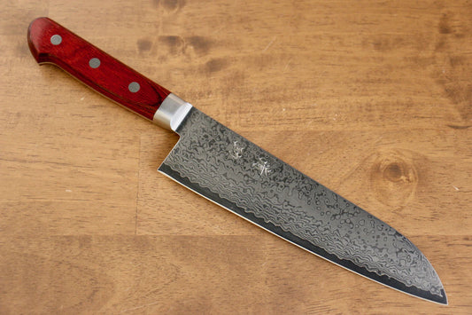 Seisuke VG10 33 ชั้น ขัดขึ้นเงากระจก ลายดามัสกัส มีด Santoku มีดทำครัวญี่ปุ่น 180mm ด้ามไม้ Pakka wood สีแดง
