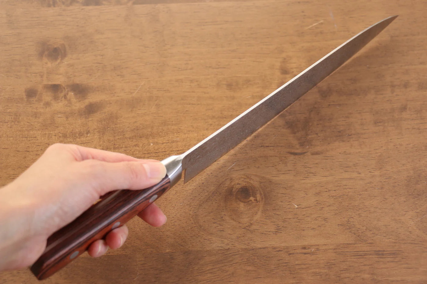Seisuke Mokusei ZA-18 ขัดขึ้นเงากระจก ลายดามัสกัส มีดกิวโตะ Gyuto มีดทำครัวญี่ปุ่น 210mm ด้ามไม้ Pakka wood สีน้ำตาล