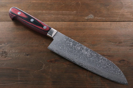 Yoshimi Kato VG10 ดามัสกัส มีด Santoku มีดทำครัวญี่ปุ่น 180mm ด้ามไม้ Pakka wood สีแดง