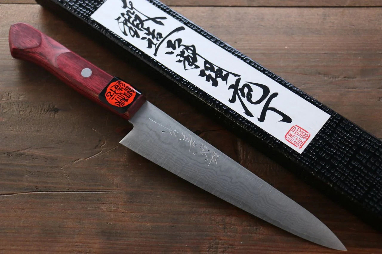 Shigeki Tanaka VG10 17 ชั้น ดามัสกัส มีดขนาดเล็ก  Petty มีดทำครัวญี่ปุ่น 150mm ด้ามไม้ Pakka wood สีแดง