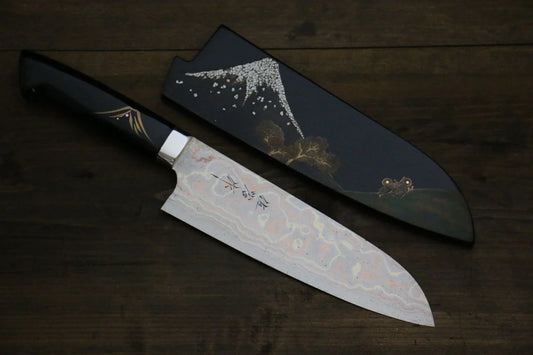 Takeshi Saji Maki-e Art Blue Steel (บลูสตีล) No.2 ดามัสกัสสี รูปวาดพู่กัน Maki-e ลายภูเขาไฟฟูจิ มีด Santoku มีดทำครัวญี่ปุ่น 180mm ด้ามเคลือบ